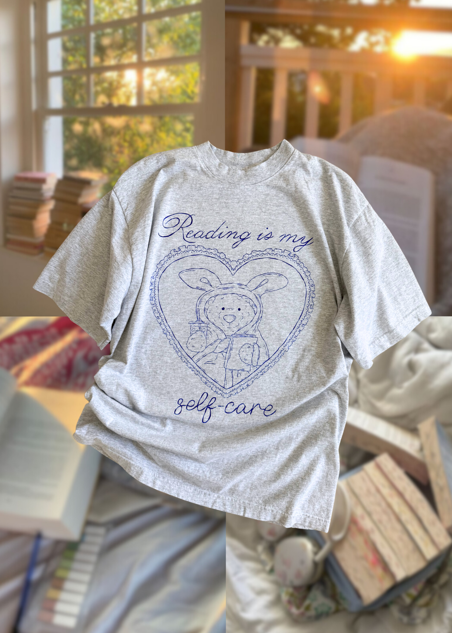 self care bear tee in grey & blue