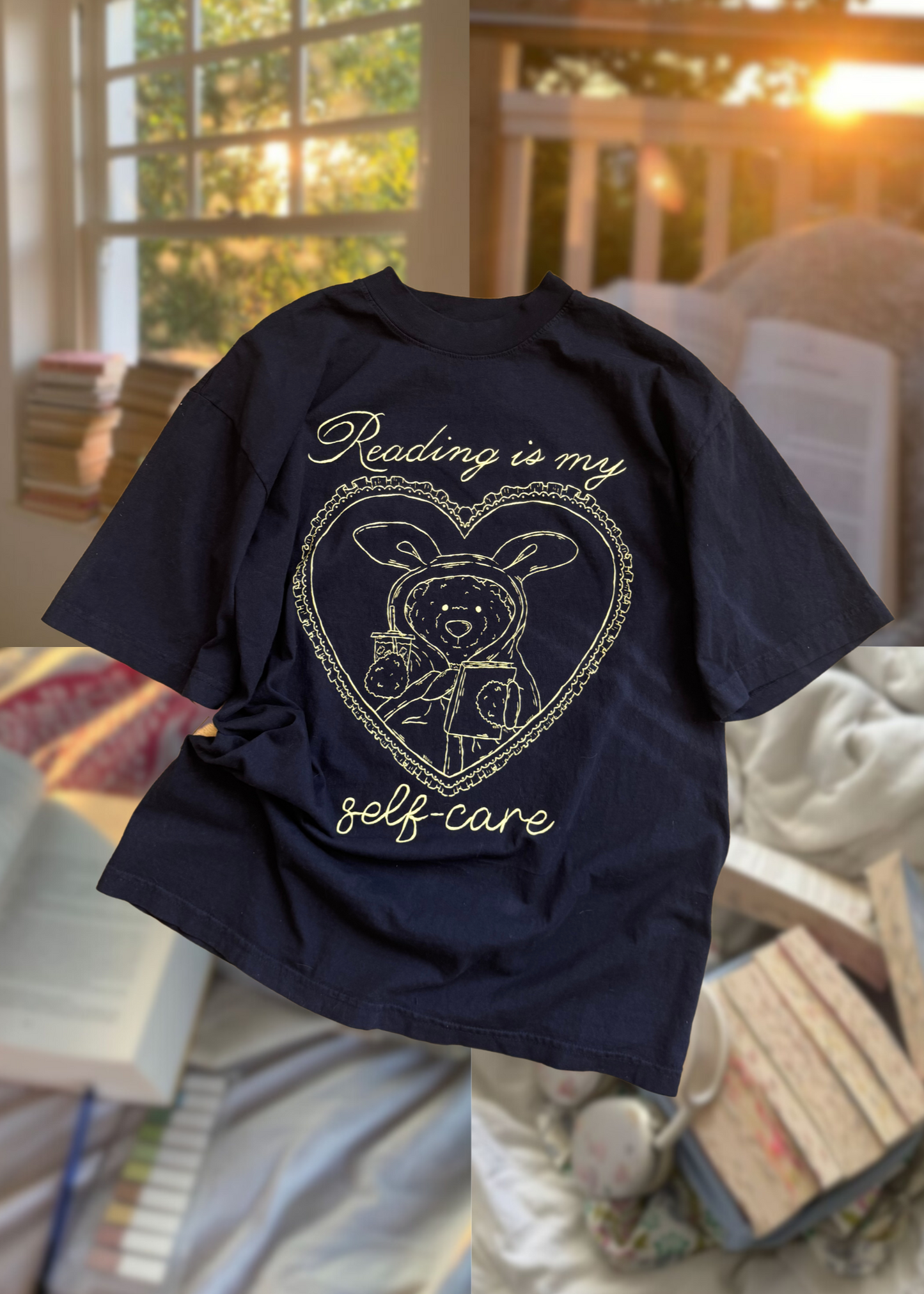 self care bear tee in navy & yellow