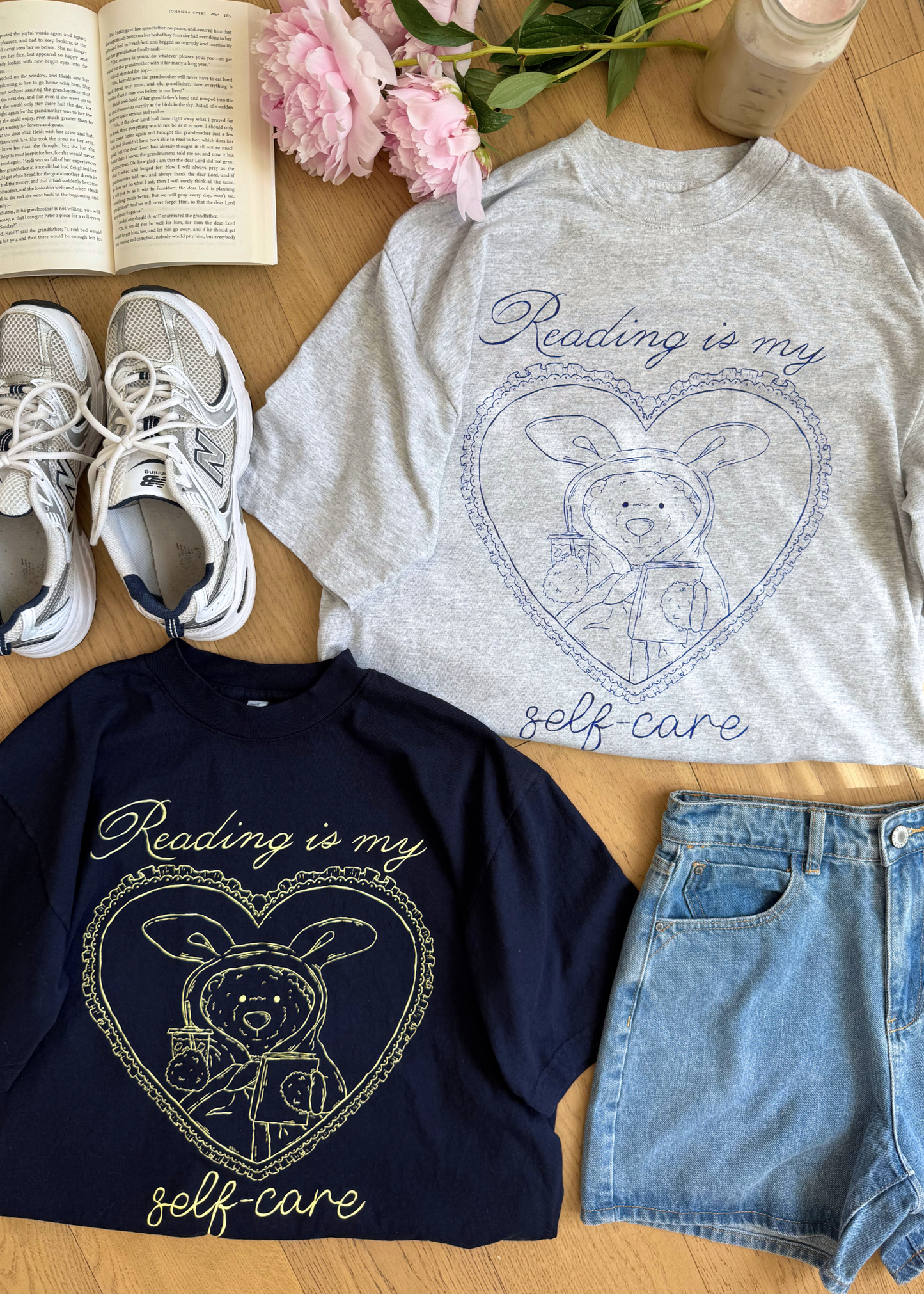 self care bear tee in navy & yellow