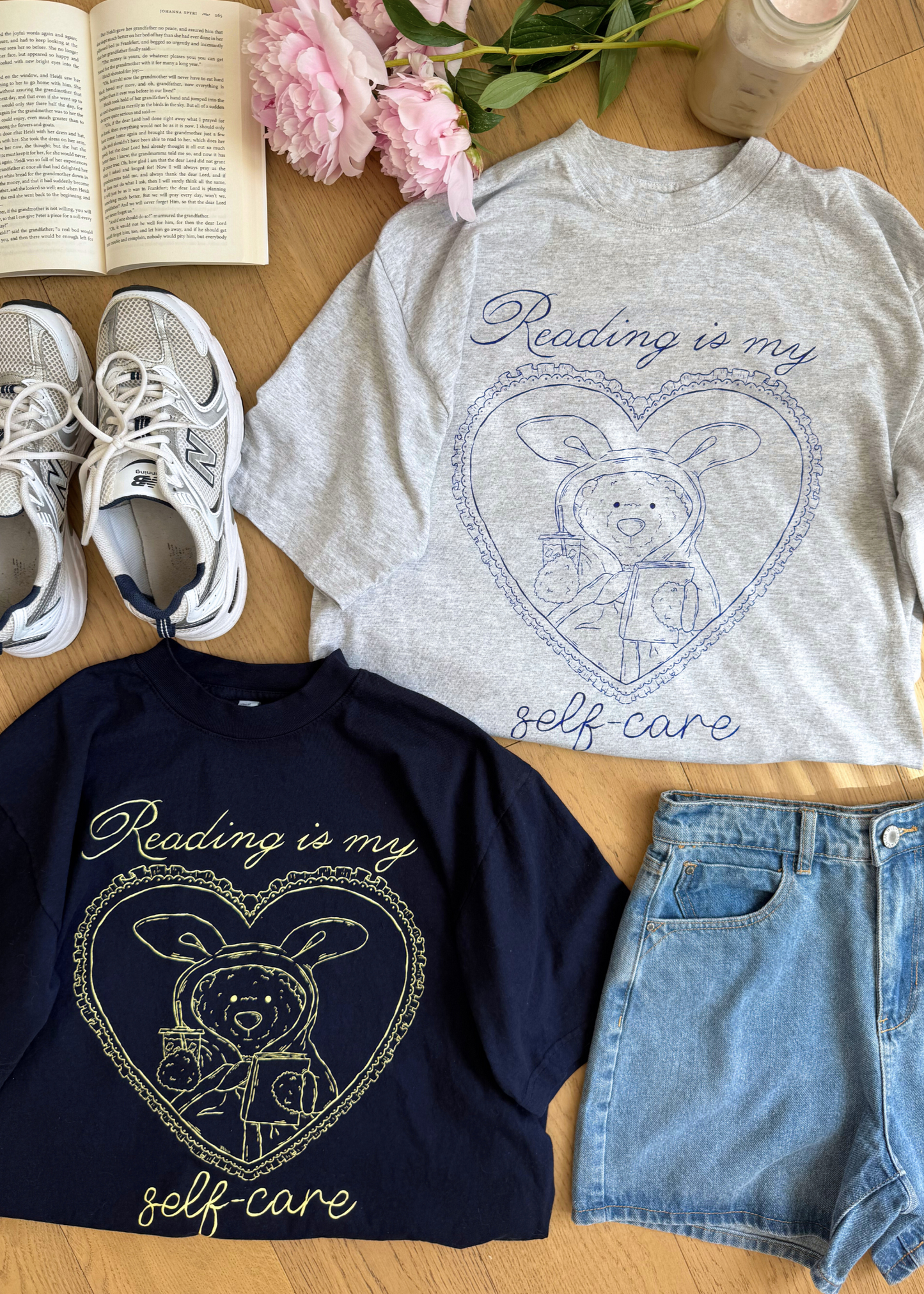self care bear tee in grey & blue