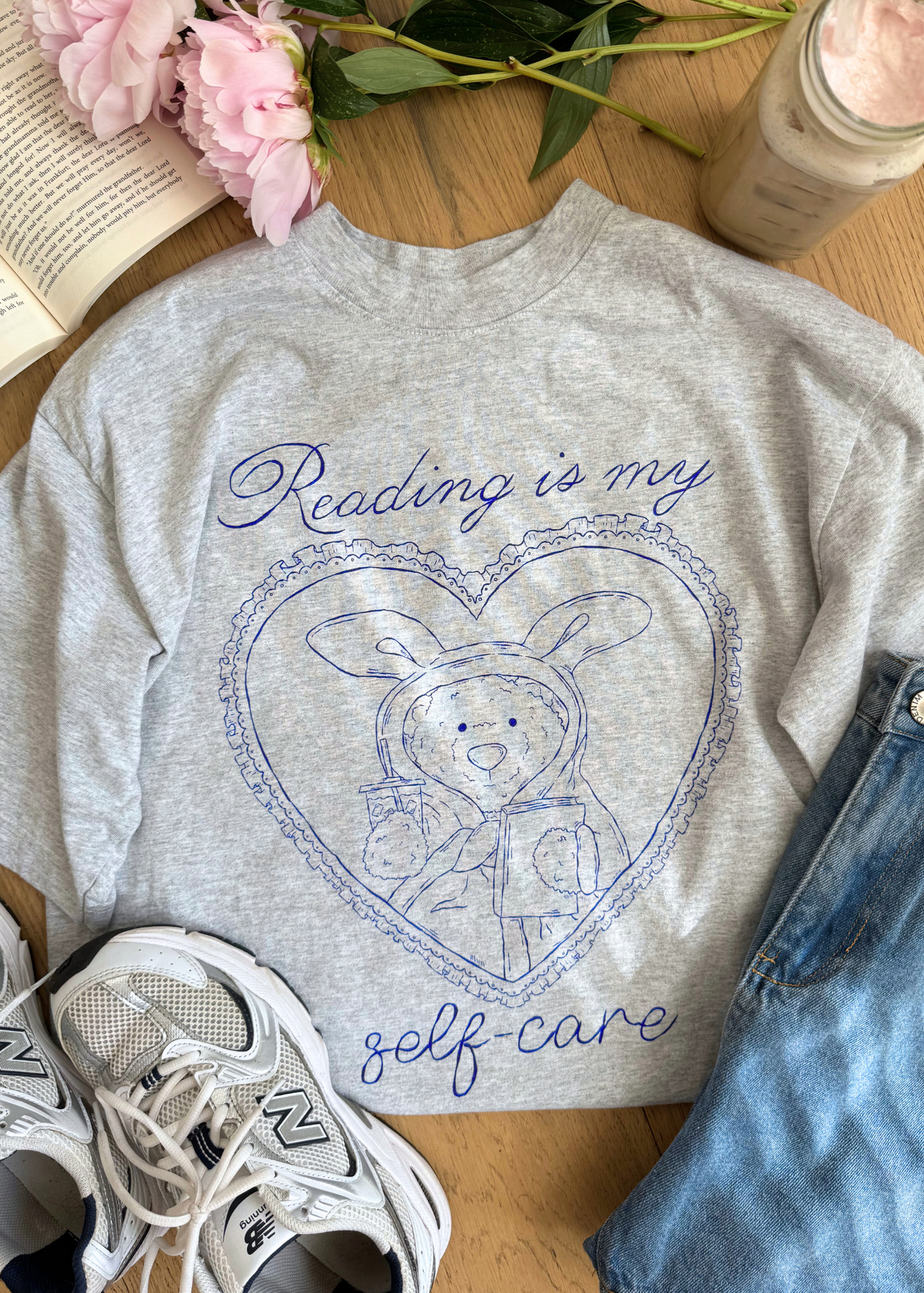 self care bear tee in grey & blue