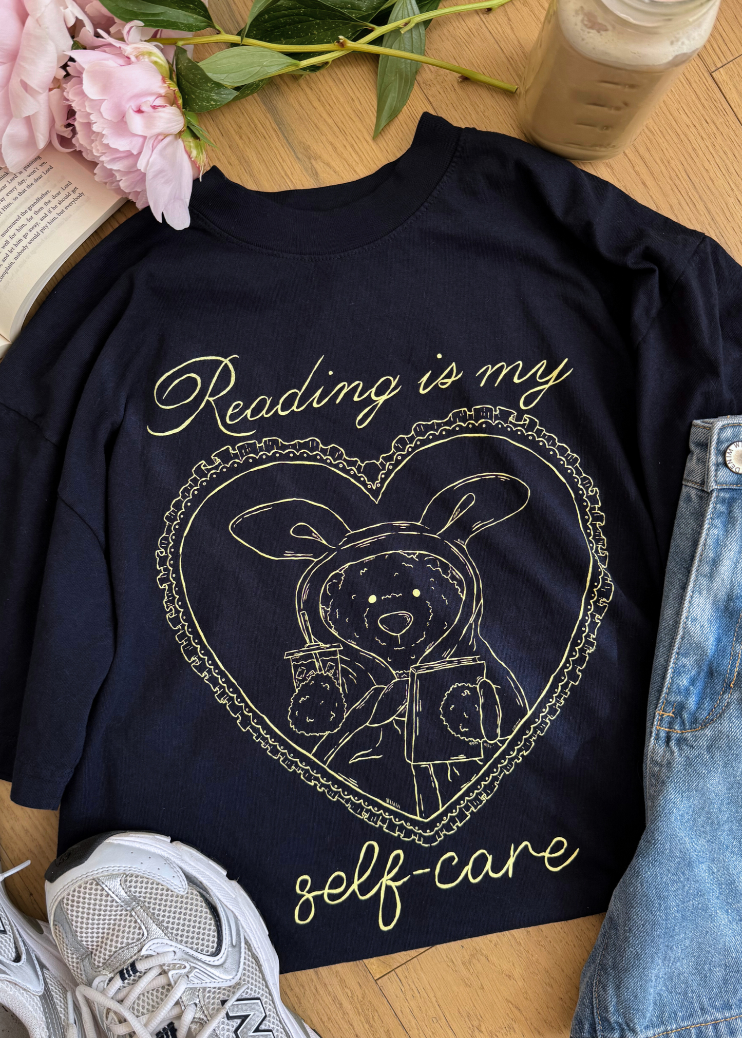 self care bear tee in navy & yellow