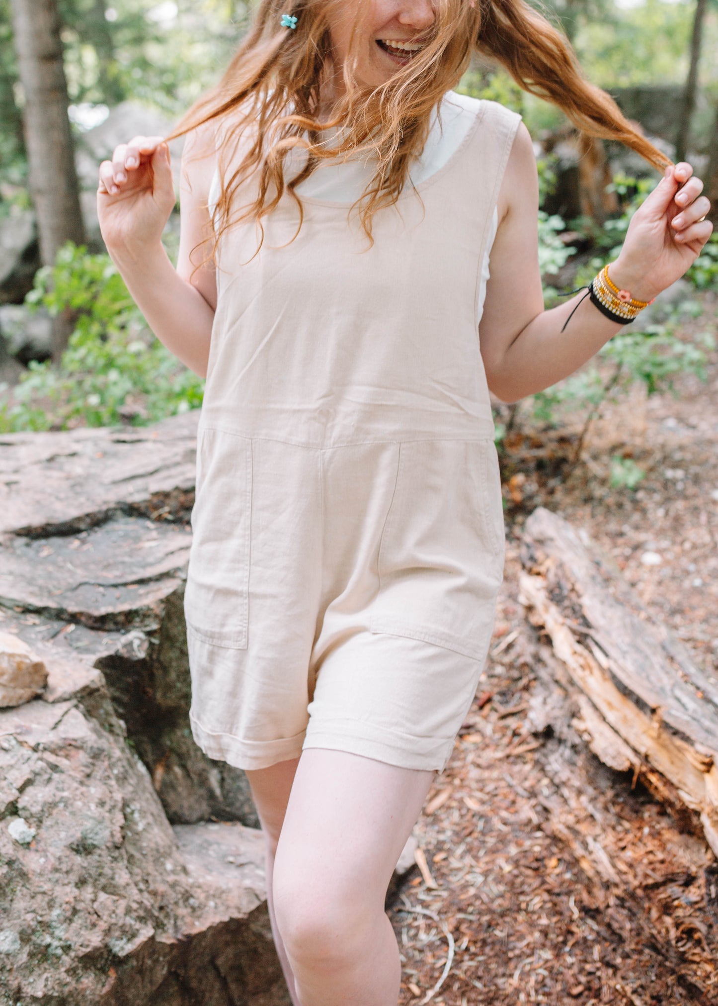 summer sunshine linen romper in taupe