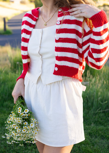 august slipped away cardigan in red & ivory