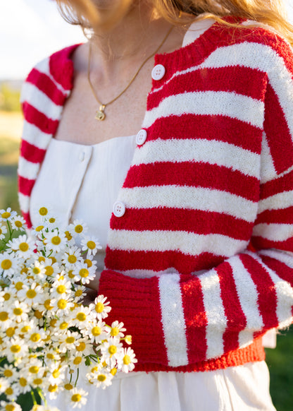 august slipped away cardigan in red & ivory