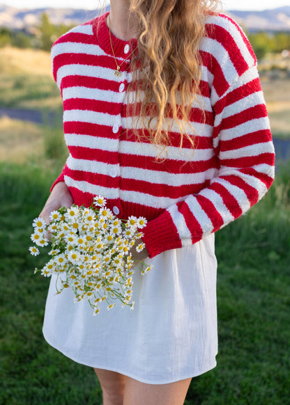 august slipped away cardigan in red & ivory