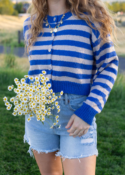 august slipped away cardigan in blue & grey