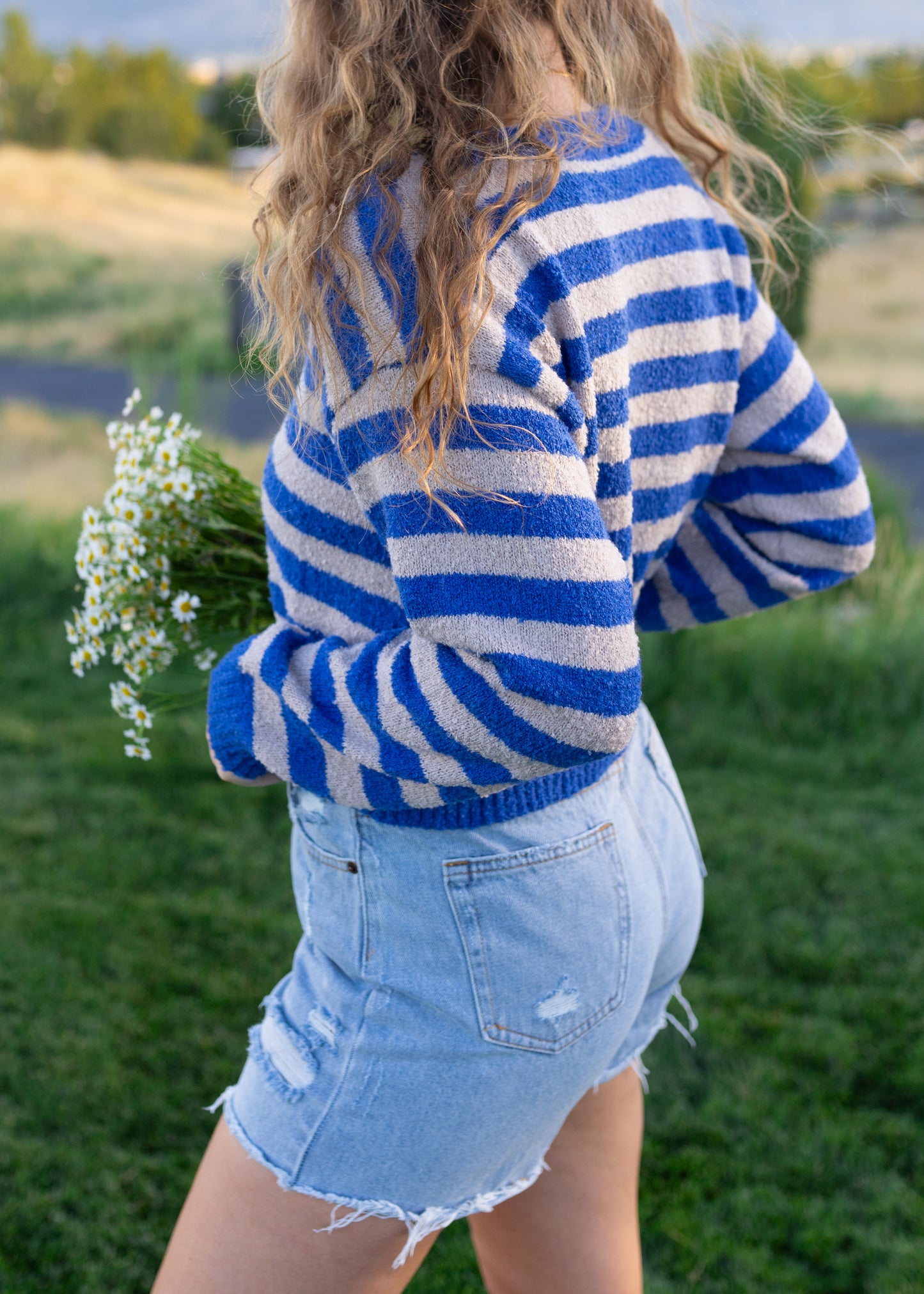 august slipped away cardigan in blue & grey