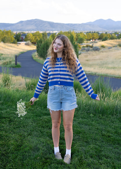 august slipped away cardigan in blue & grey