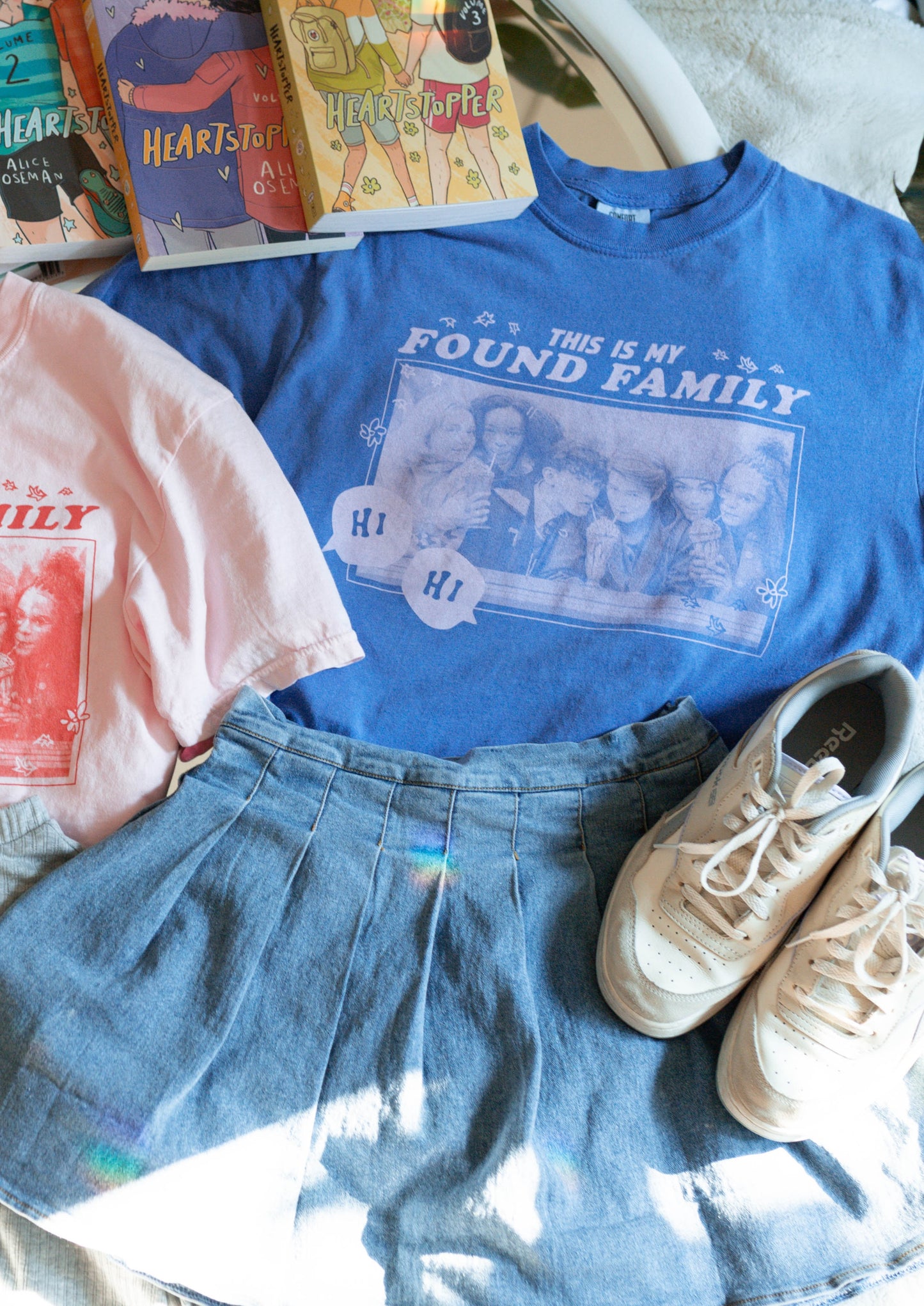 this is my found family tee in periwinkle