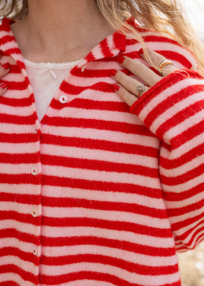 rainy day reader cardigan in pink & red