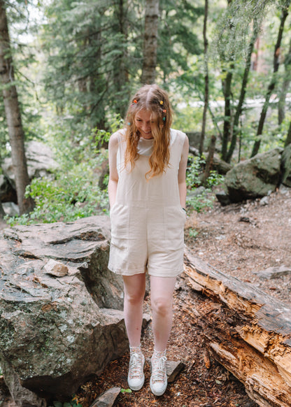 summer sunshine linen romper in taupe