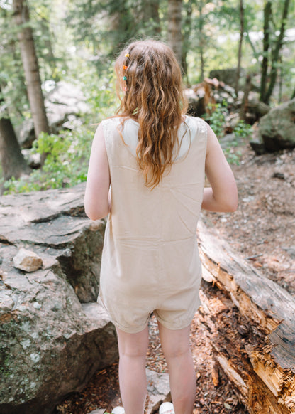 summer sunshine linen romper in taupe
